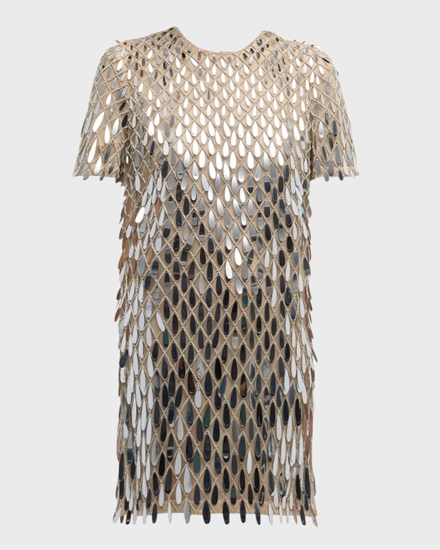 Sequined Crystal Short-Sleeve Mini Shift Dress