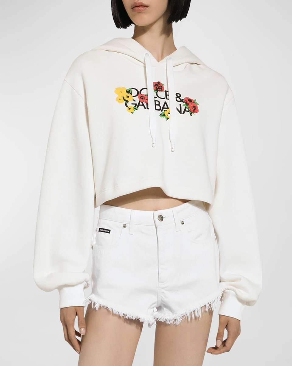 Floral Logo-Print Cropped Cotton Hoodie