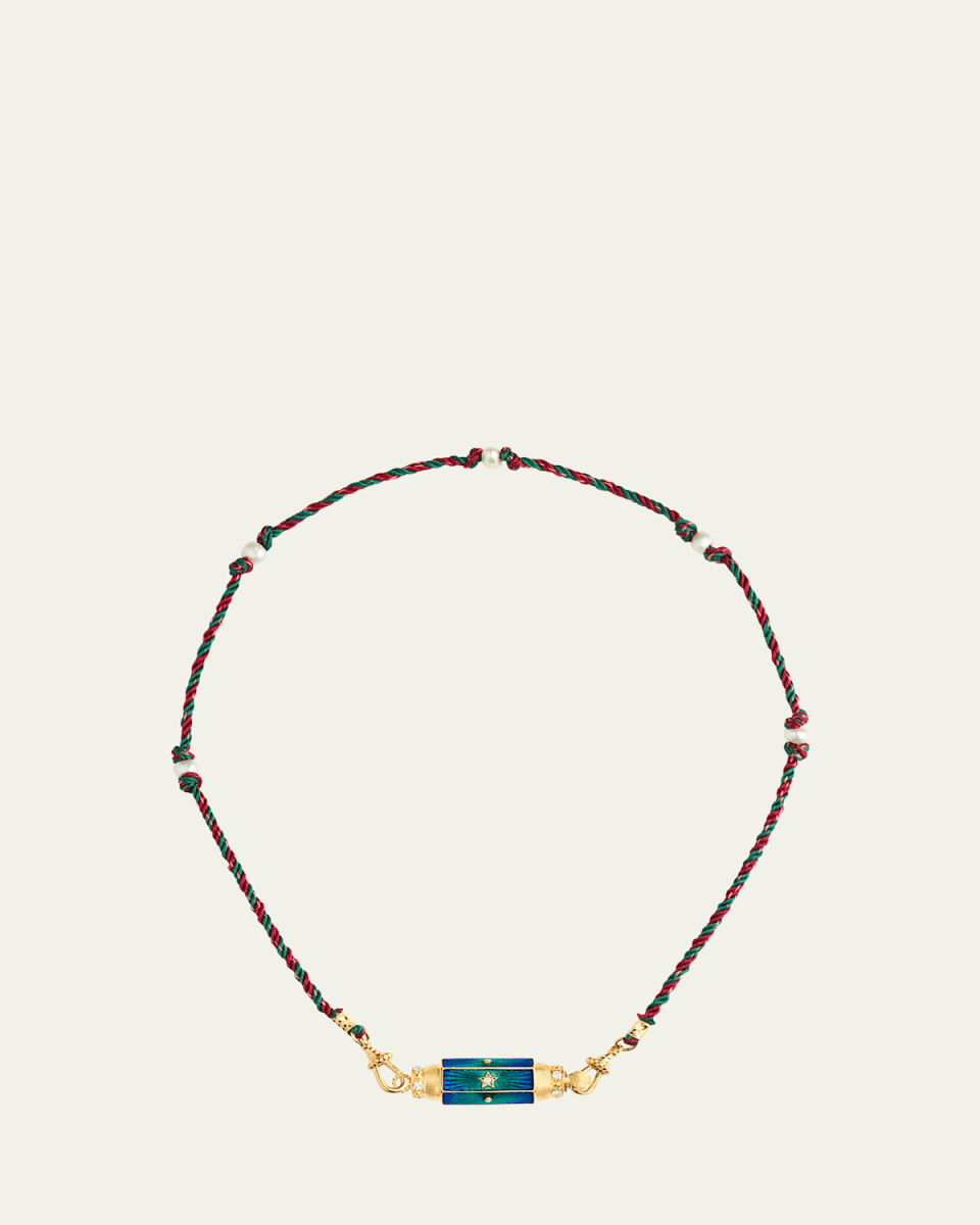 18K Gold Baby Blue Enamel Locket Necklace with Diamonds and Freshwater Pearls