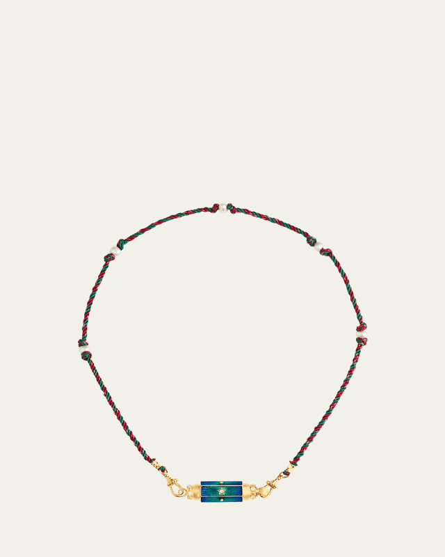 18K Gold Baby Blue Enamel Locket Necklace with Diamonds and Freshwater Pearls