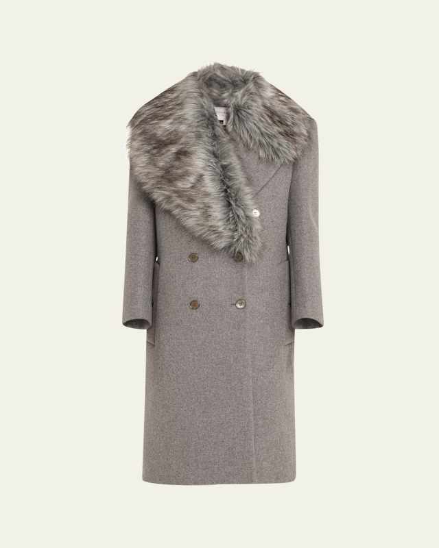 Shearling Collar Double-Breasted Wool Coat