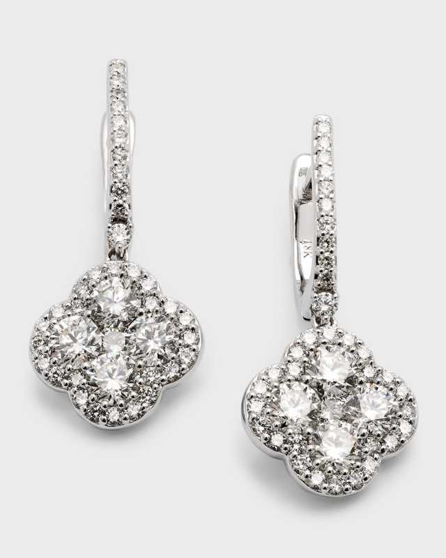 18K White Gold Diamond Flower Hoop Drop Earrings, 2.94tcw, 1.25" / 0.50"W