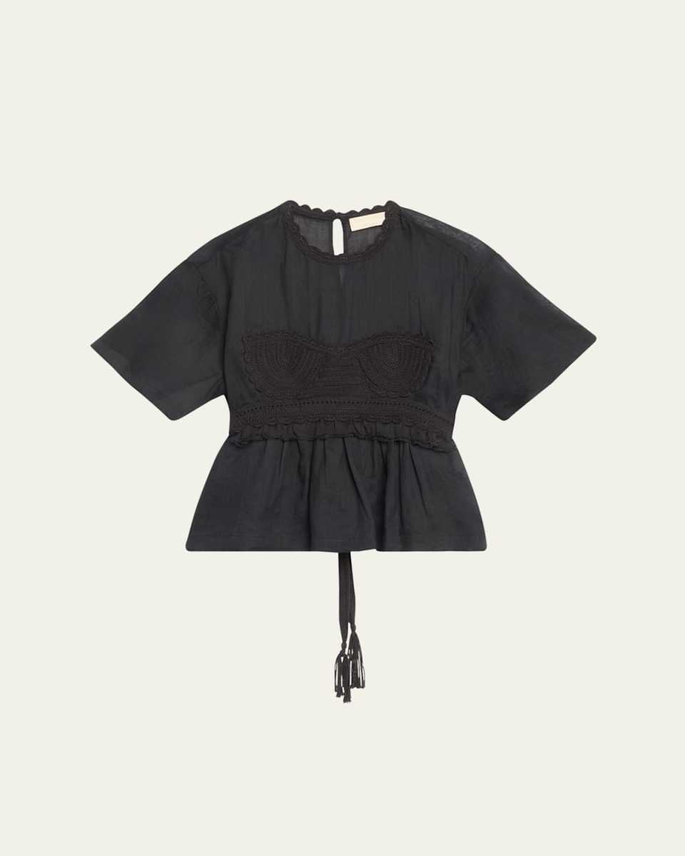 Cari Crochet-Embellished Short-Sleeve Tie-Waist Top