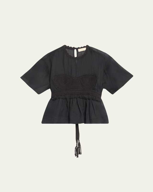 Cari Crochet-Embellished Short-Sleeve Tie-Waist Top
