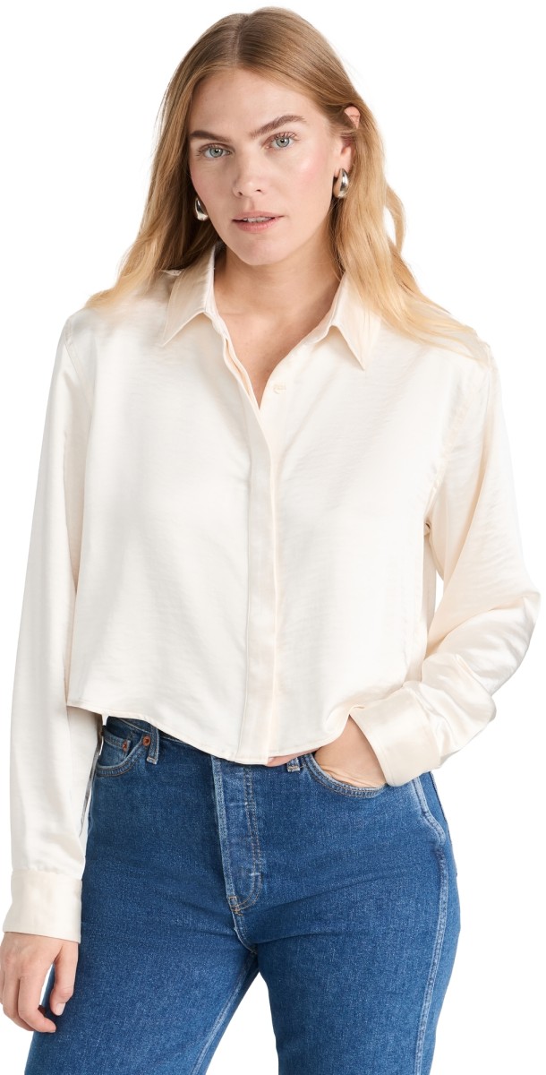 Good American Cropped Satin Shirt Ivory001