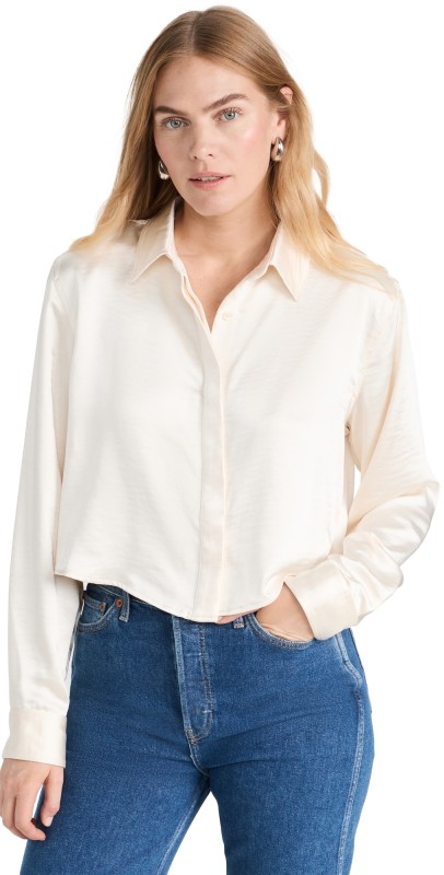 Good American Cropped Satin Shirt Ivory001