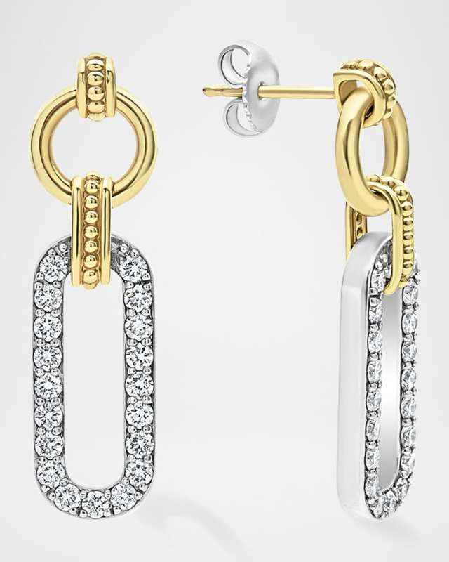 Signature Caviar Two-Tone Link Diamond Drop Earrings