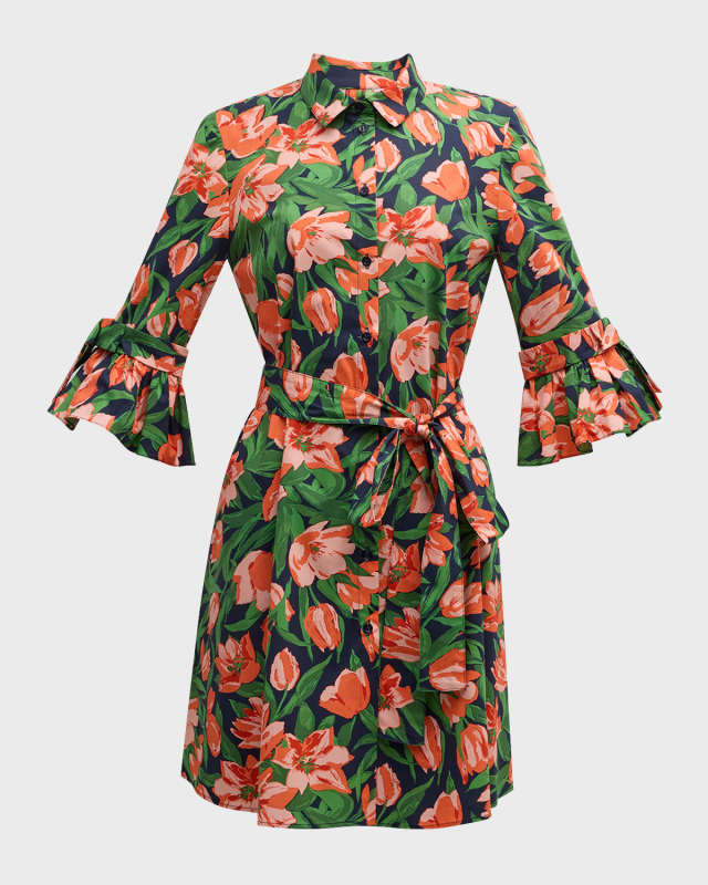 Belted Mini Shirtdress with Bow Flounce Sleeves