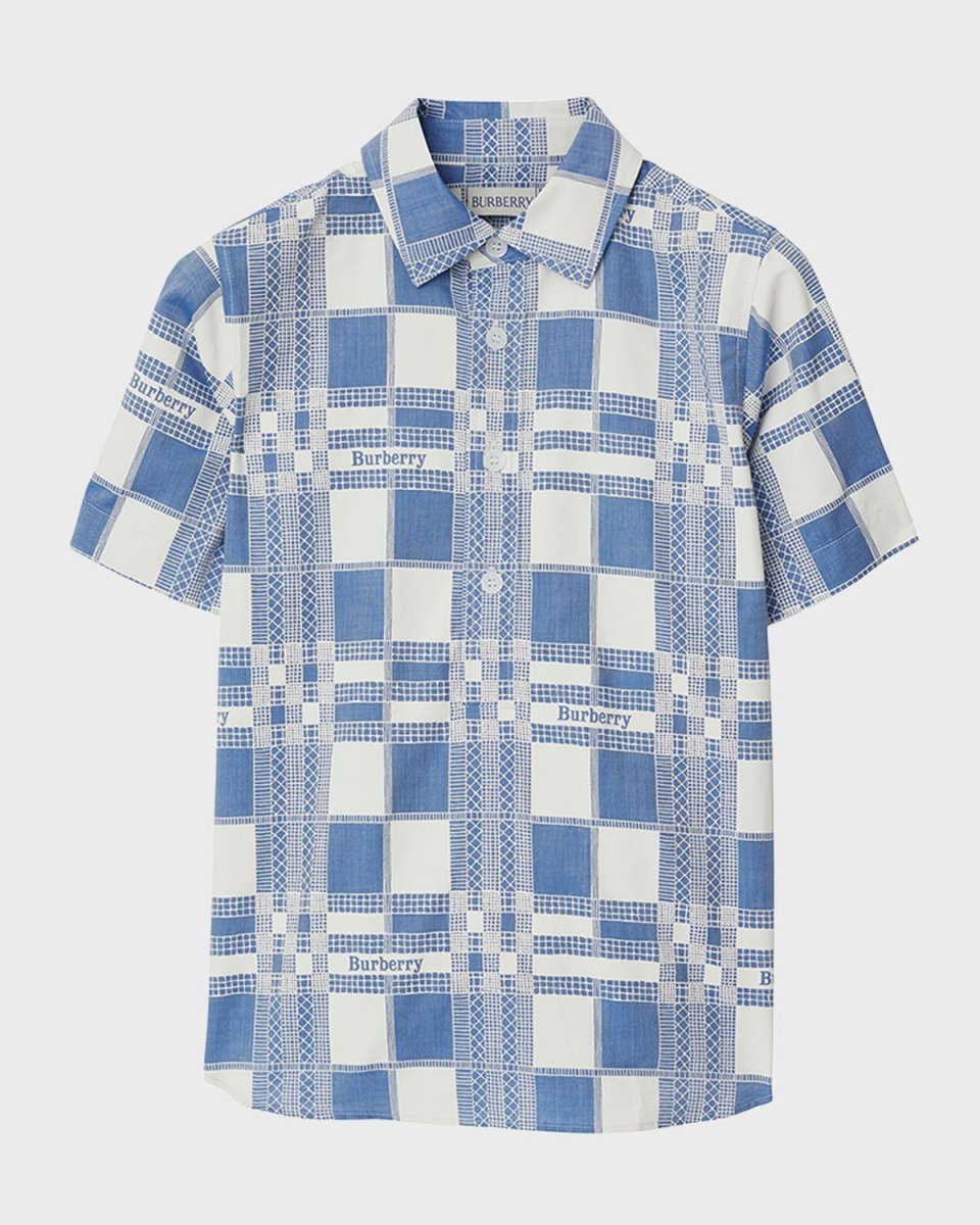 Boy's Ramon Logo Windowpane-Print Short-Sleeve Shirt, Size 3-14