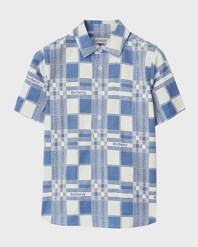 Boy's Ramon Logo Windowpane-Print Short-Sleeve Shirt, Size 3-14