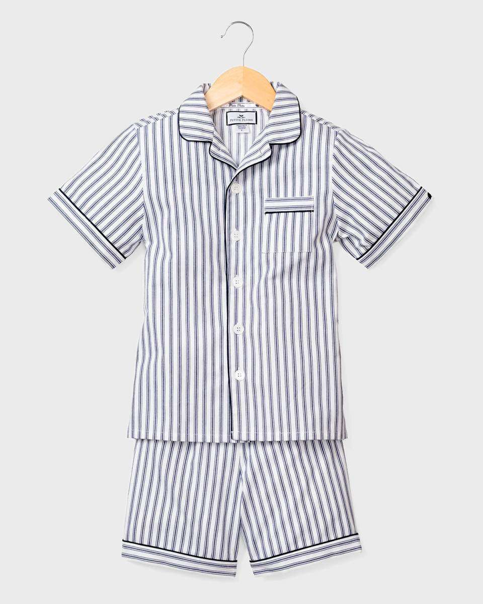 Kid's French Ticking Striped Pajama Set w/ Contrast Piping, Size 6M-14