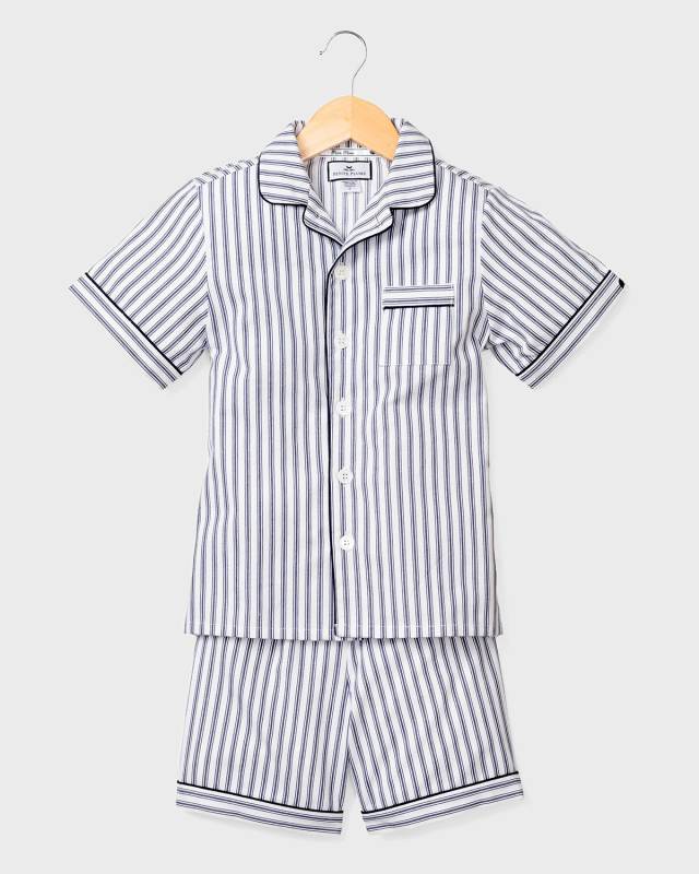 Kid's French Ticking Striped Pajama Set w/ Contrast Piping, Size 6M-14