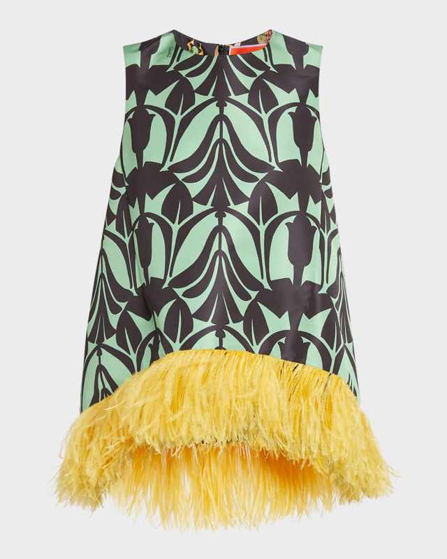 La Scala Abstract-Print Feather-Trim Sleeveless Top