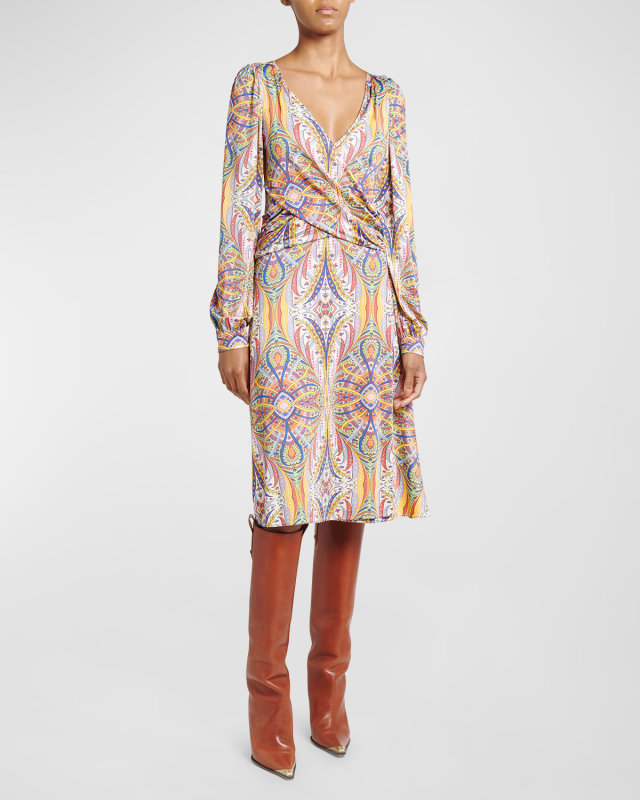 Kaleidoscope Long-Sleeve Draped Jersey Midi Dress