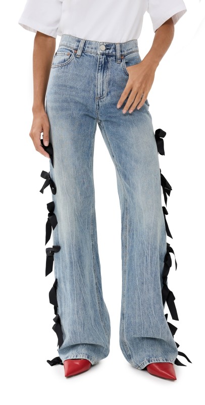 alice + olivia Weezy Full Length Jeans with Side Bows Sadie Lt Vintage Blue/Black