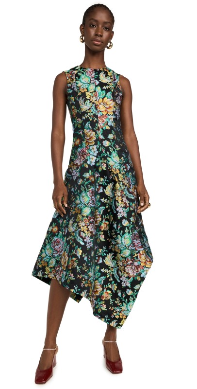 Marques Almeida Brocade Fitted Sleeveless Dress with Assymetric Hem Black