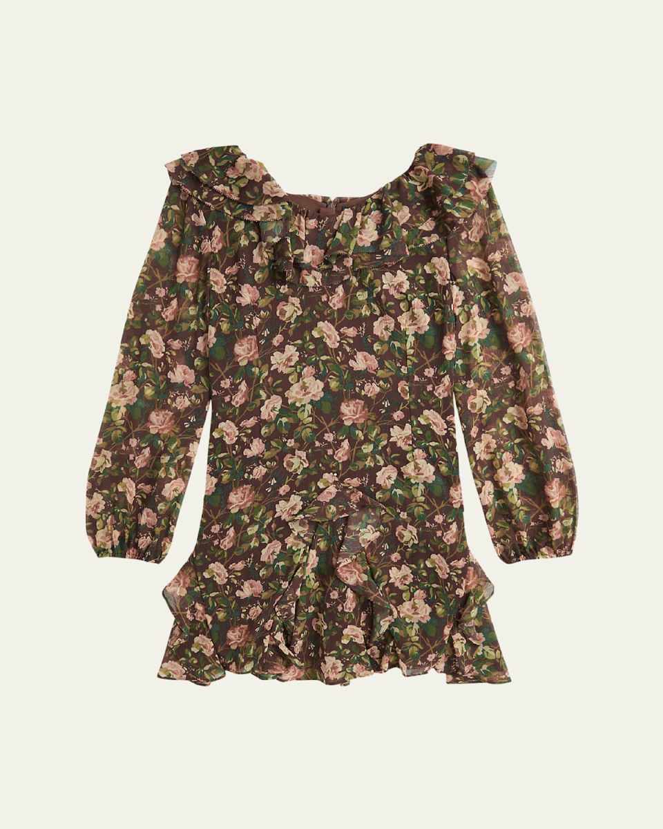 Girl's Floral-Print Crinkle Chiffon Dress, Size 7-16