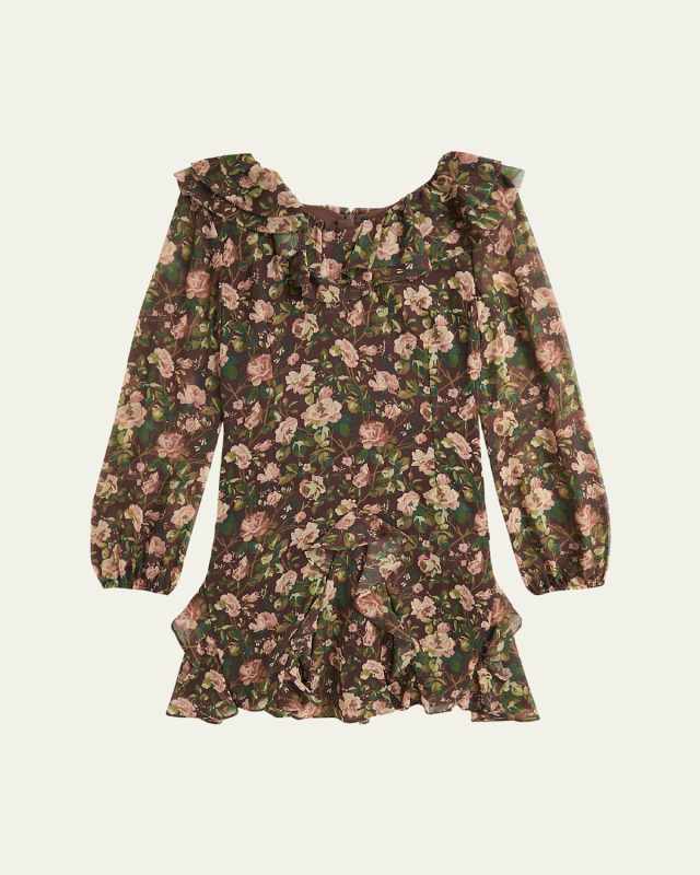 Girl's Floral-Print Crinkle Chiffon Dress, Size 7-16