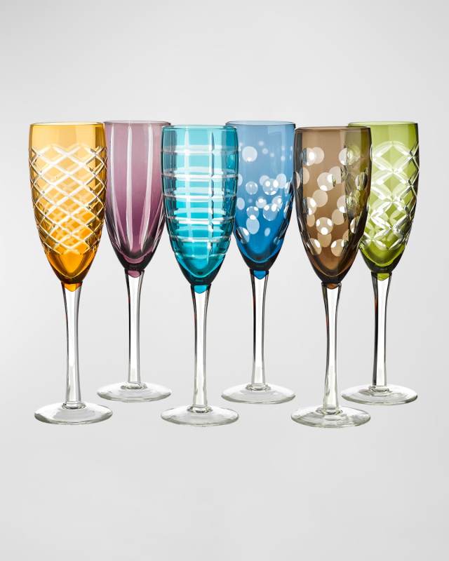 Multicolor Cut Champagne Flutes, Set of 6