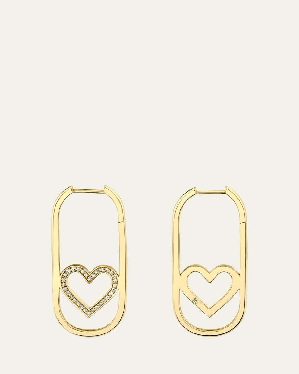 14K Yellow Gold Pave Open Heart Diamond Long Hoop Earrings