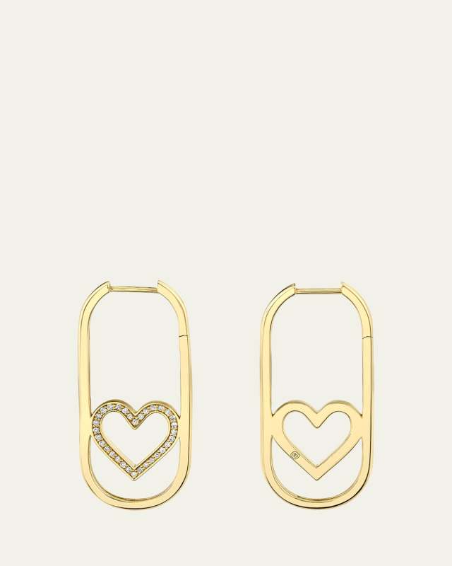 14K Yellow Gold Pave Open Heart Diamond Long Hoop Earrings