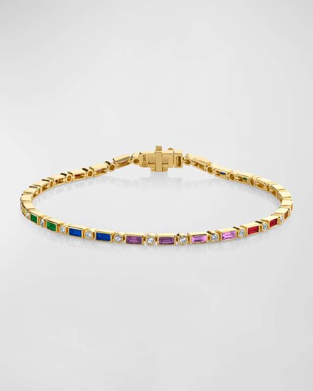 14K Rainbow Baguette and Round Diamond Bezel Eternity Bracelet
