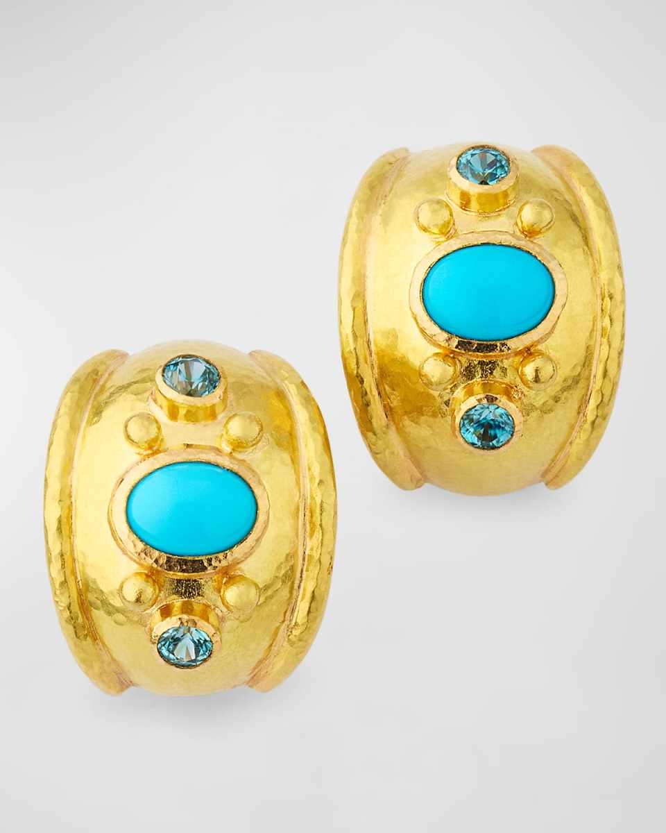 19K Yellow Gold Medium Vertical Sleeping Beauty Turquoise and Blue Zircon Earrings