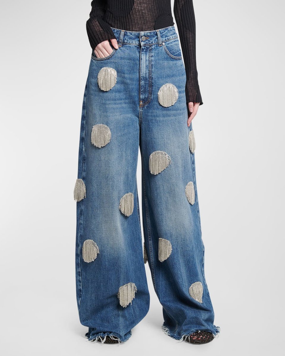 Crystal Fringe Dot Wide Leg Jeans