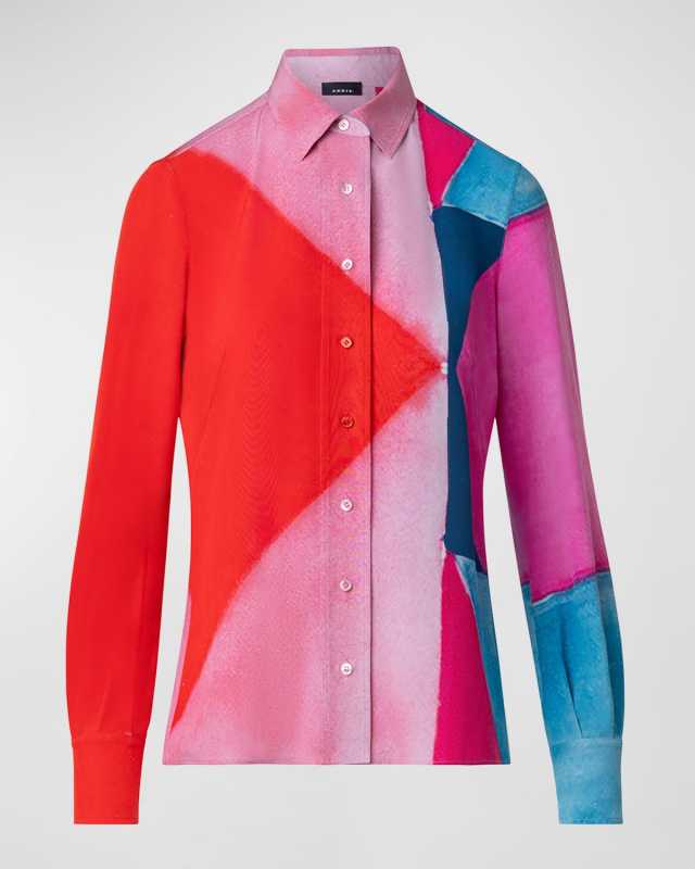 Silk Spectra Print Button-Front Blouse
