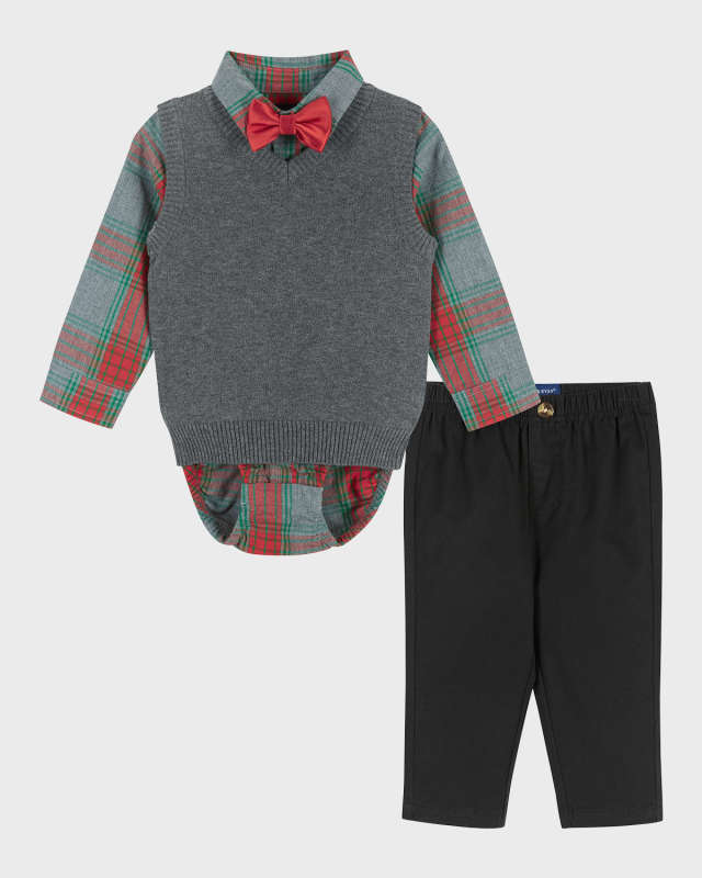 Boy's Holiday Check-Print Bodysuit W/ Vest & Pants Set, Size Newborn-24