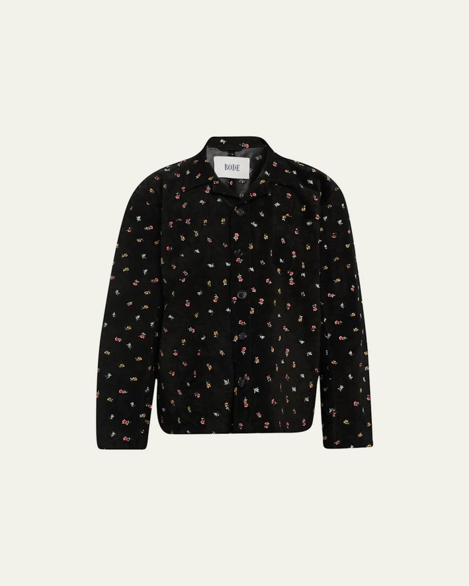 Garden-Embroidered Suede Overshirt