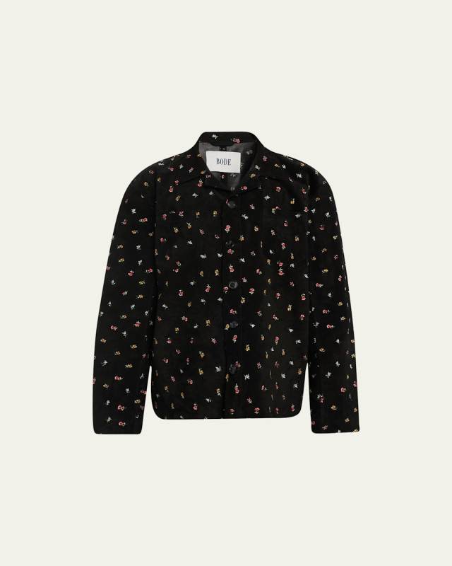 Garden-Embroidered Suede Overshirt