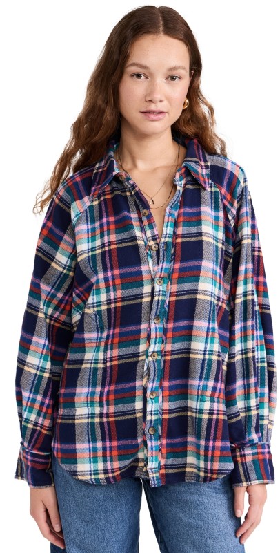 Free People Girl Meets Boy Plaid Shirt Navy Combo