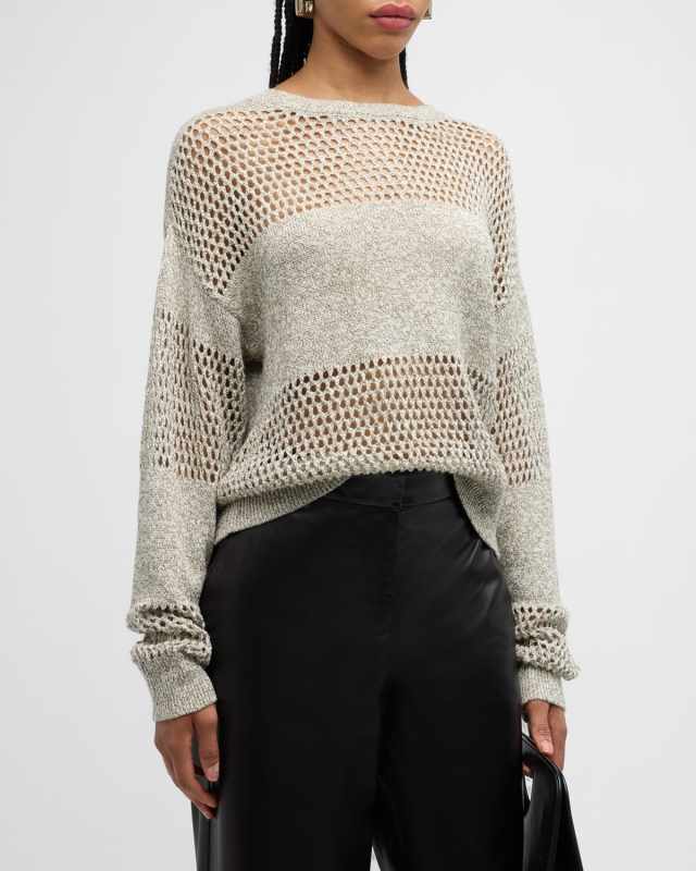 Cotton and Linen Open-Knit Crewneck Sweater