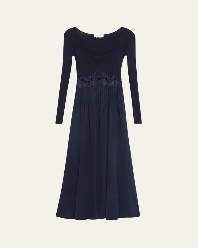 Prior Mixed-Media Lace Long-Sleeve Maxi Dress