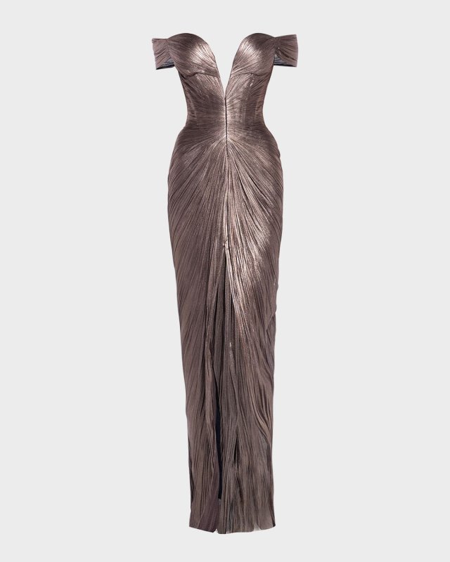 Tia Plunging Off-The-Shoulder Plisse Gown