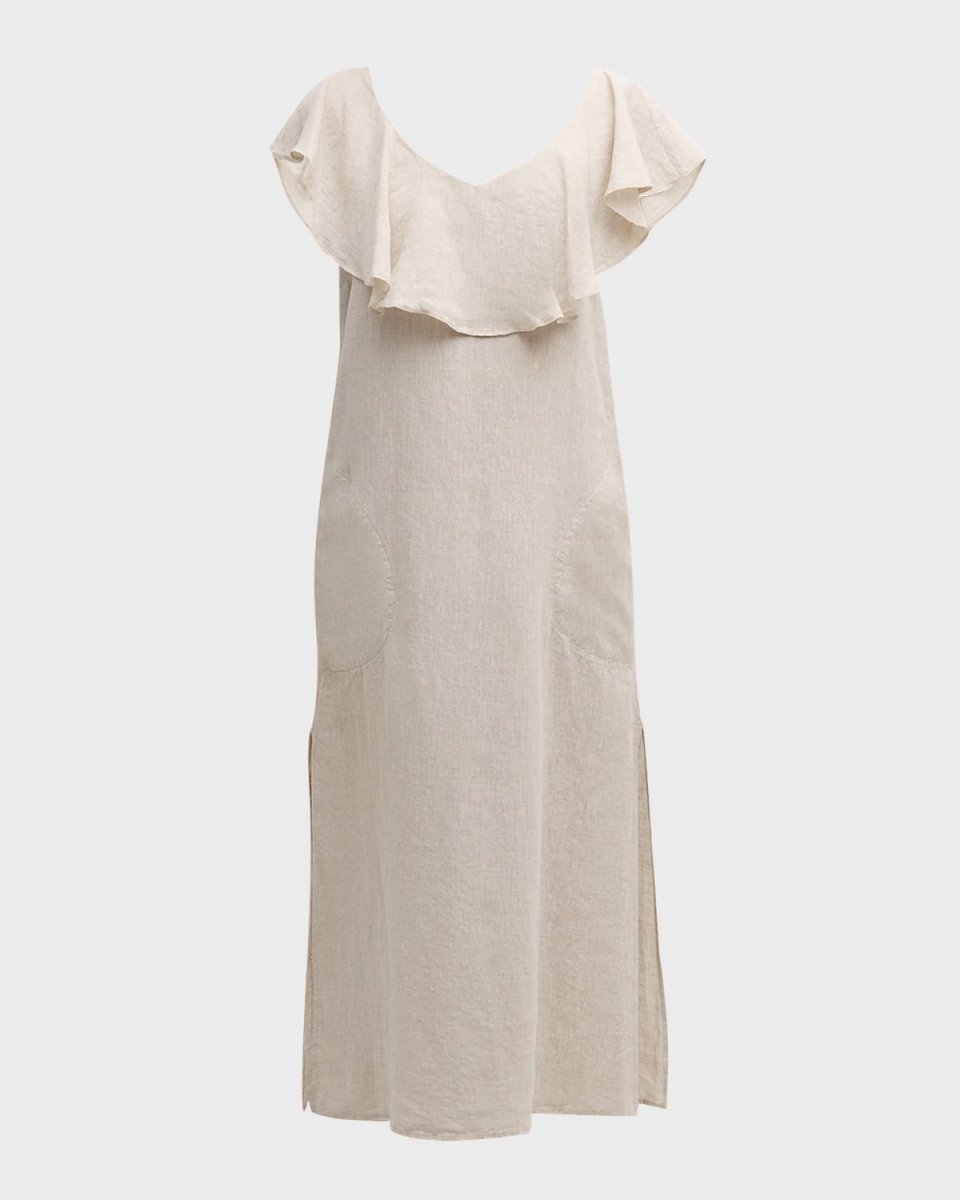 Angel Flutter-Sleeve Ruffle Linen Midi Dress
