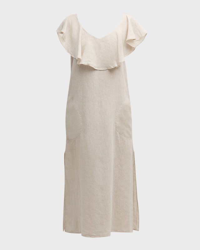 Angel Flutter-Sleeve Ruffle Linen Midi Dress