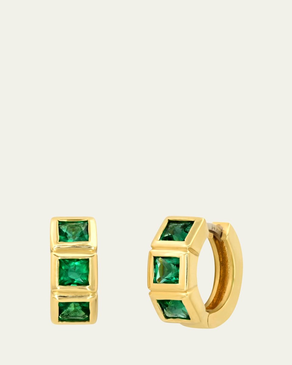 14K Yellow Gold 3-Emerald Framed Huggie Earrings