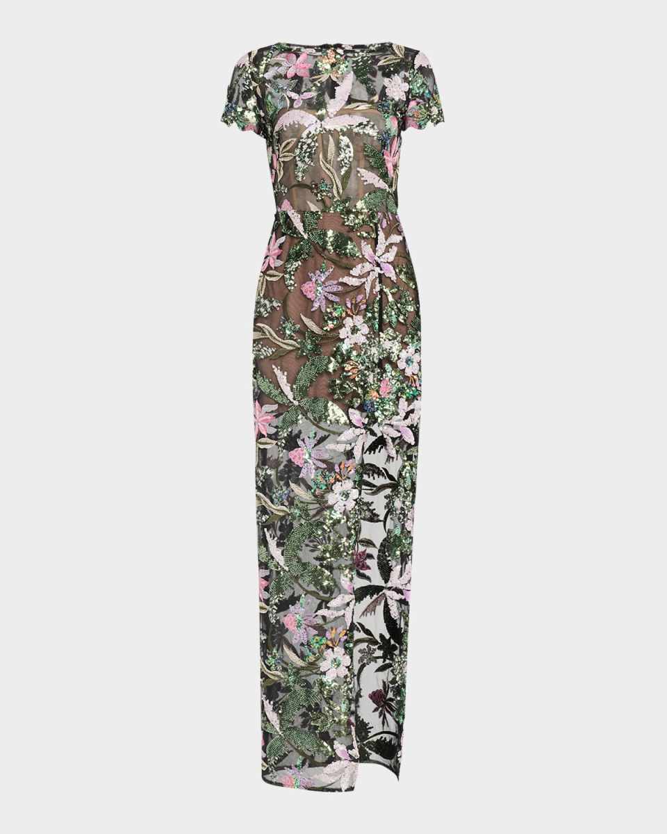 Zinna Side-Slit Floral Sequin Gown