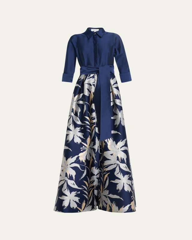 3/4-Sleeve Floral Jacquard Shirt Gown