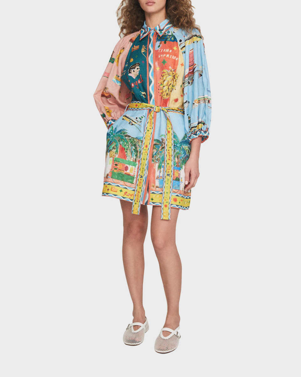 All Aboard Mixed-Print Belted Mini Shirtdress