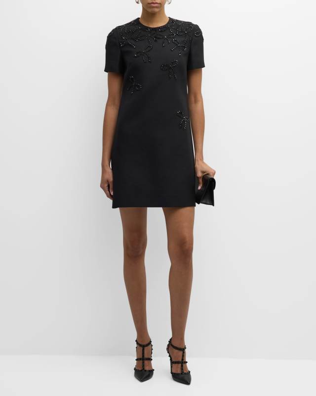 Embroidered Falling Bow Short-Sleeve Mini Dress