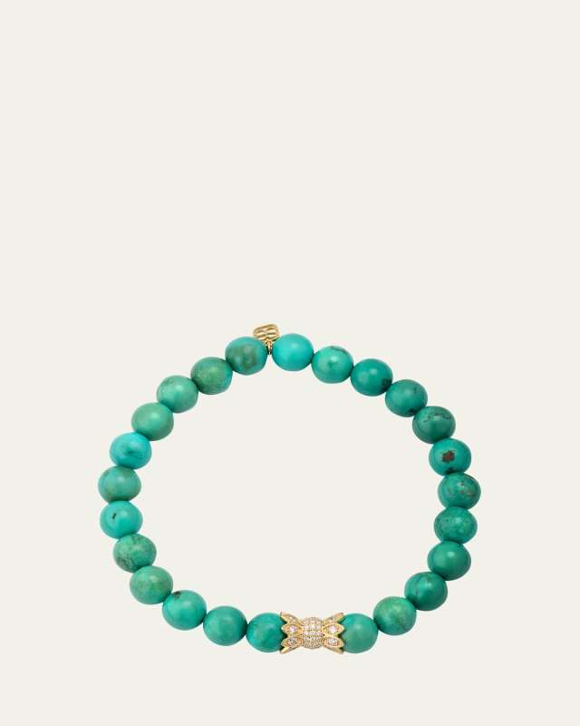 14K Yellow Gold Diamond Marquise Eye Candy Wrapper Bead on Green Turquoise Bracelet