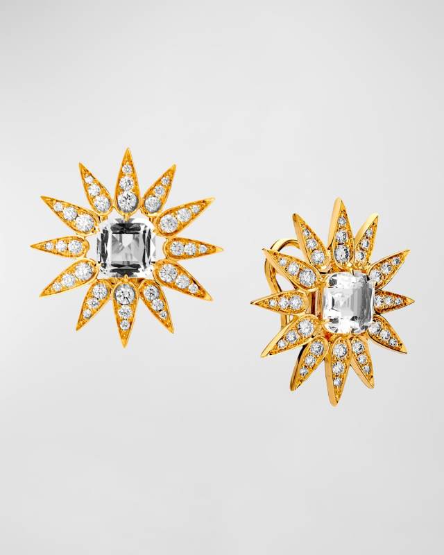 18K Yellow Gold Cosmic Sunburst Omega Back Earrings with Rock Crystal and Diamonds