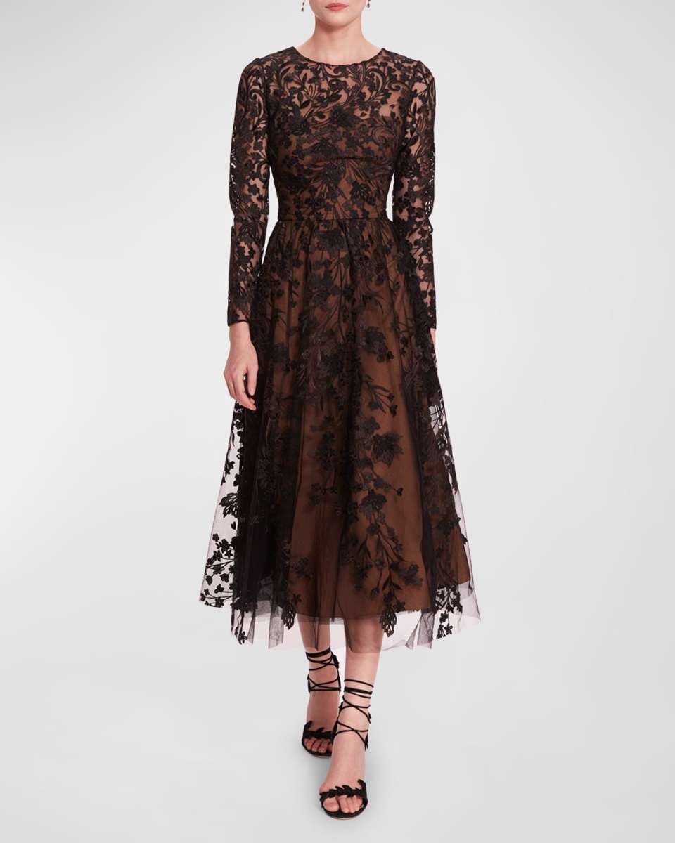 A-Line Floral Fil Coupe Midi Dress