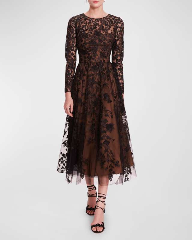 A-Line Floral Fil Coupe Midi Dress