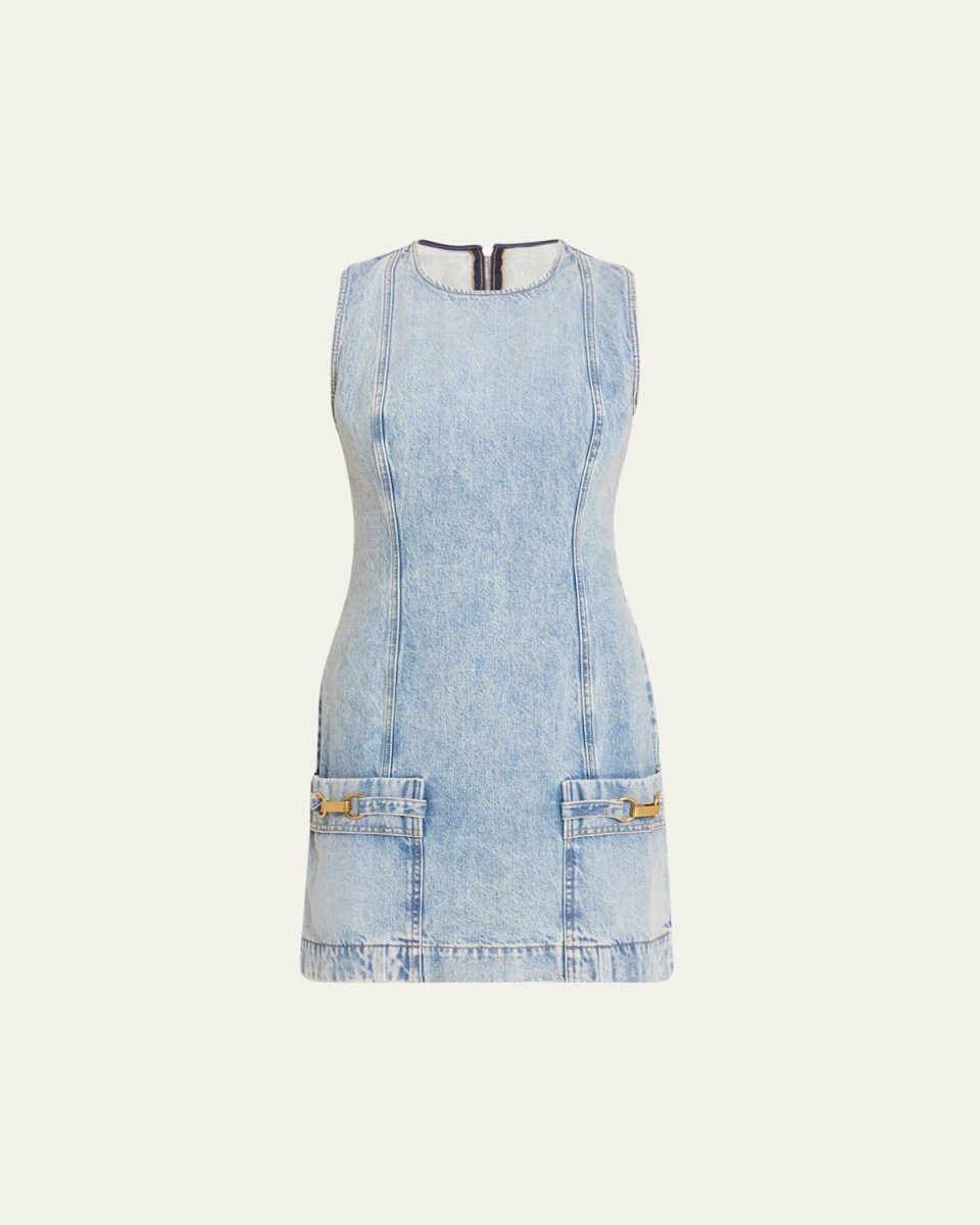 Vintage Blue Denim Mini Dress with Hardware Details