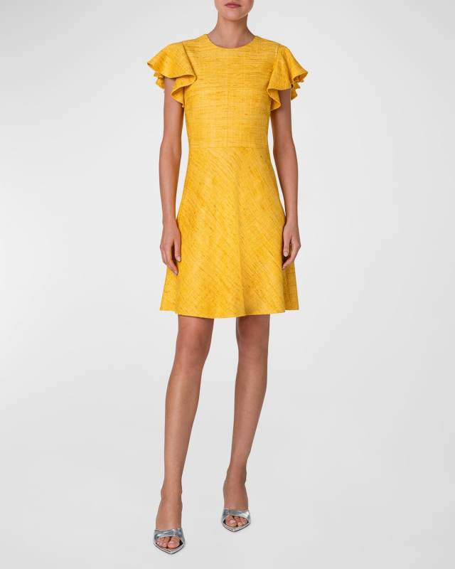 Ruffle-Sleeve Raw Indian Silk A-Line Dress