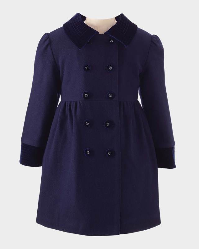 Girl's Velvet-Trim Double Breasted Coat, Size 2-10